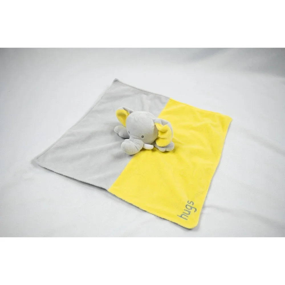 Okie Dokie Baby Blanket Elephant Lovey Yellow Gray Rattle Embroidered HUGS Satin